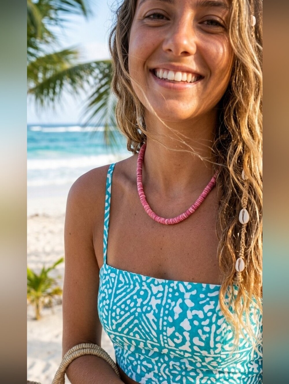 Heishi bead necklace surfer-chic Rose pink natural shell choker Y2K look.